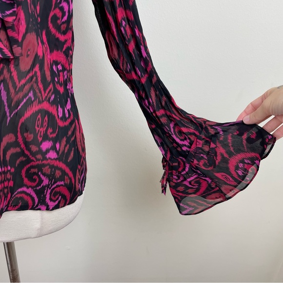 Elementz Black Red Beaded Ruffle Blouse Top Geometric Retro Women Size Large - Picture 5 of 6